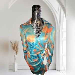Med NWOT Colorful Wrap Dress in Blue and Orange   P58
